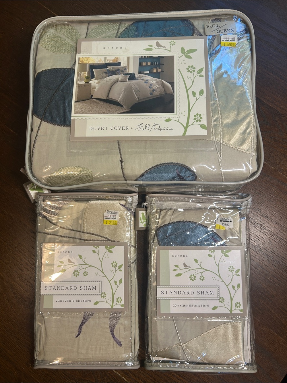 Full/Queen Duvet Cover & 2 shams in Beige with Blue Accents NWOT